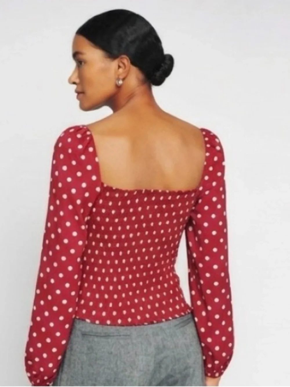 Reformation Red Polka Dot Square-Neck Long Sleeve Top